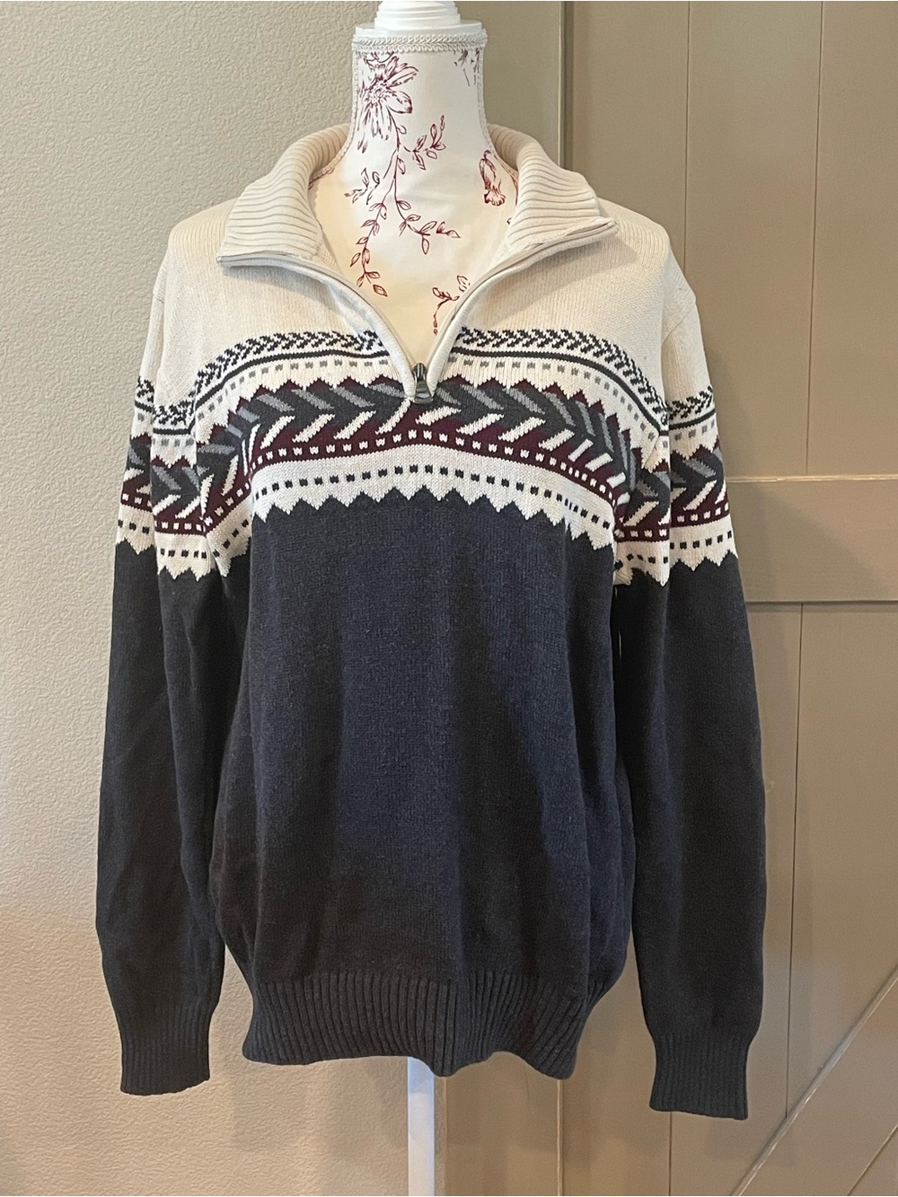 Weatherproof Navy and Cream Half-Zip Fair Isle Sweater